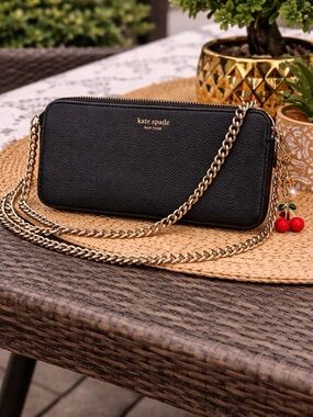 kate spade Black Pebbled Leather Crossbody with Gold Chain